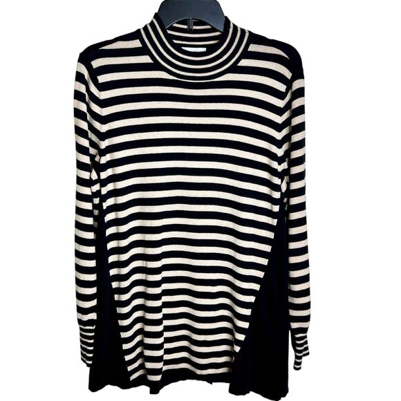 Susan Graver Knit Tunic Top Size L Black Beige Stripes  Deco Buttons In Back - Picture 1 of 6